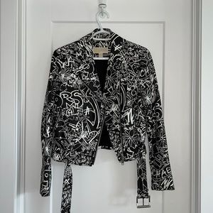 Michael Kors Black and White Graffiti Moto Leather Jacket